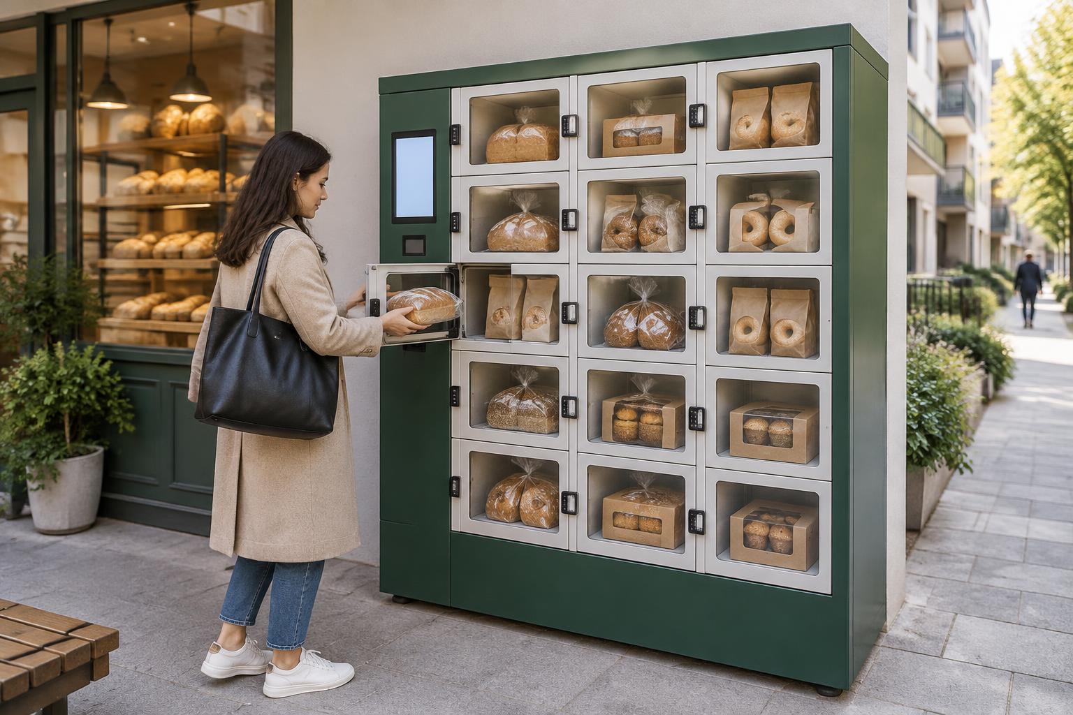 AI-generated concept of packaged bread, bagels, buns and cakes in bakery vending lockers, not a live installation or food-storage approval