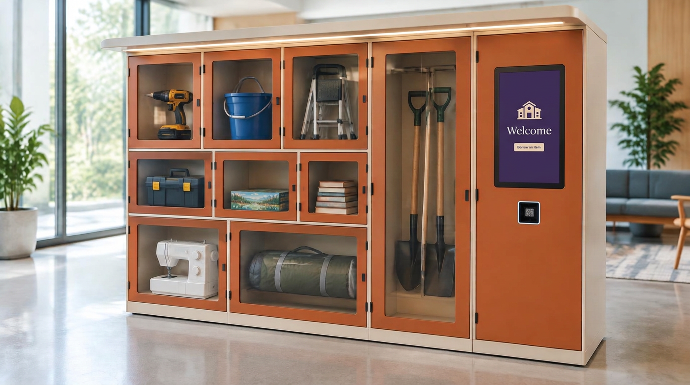 Illustrative residential lending-library lockers holding shared tools and household items for a potential local service