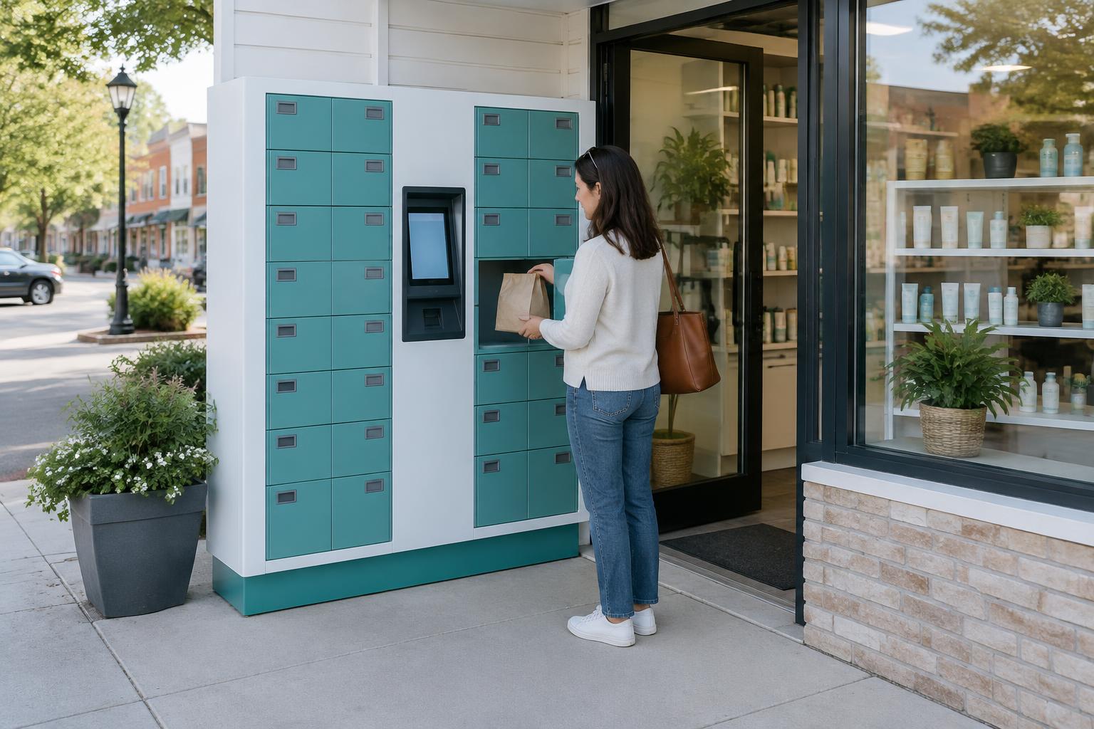 AI-generated community pharmacy pickup locker concept, not a verified installation or approved medicine supply arrangement