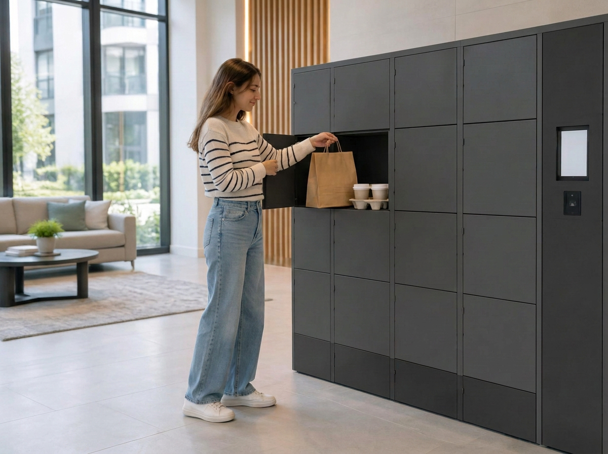 A customer collecting a food delivery from a dark charcoal locker bank in a bright lobby