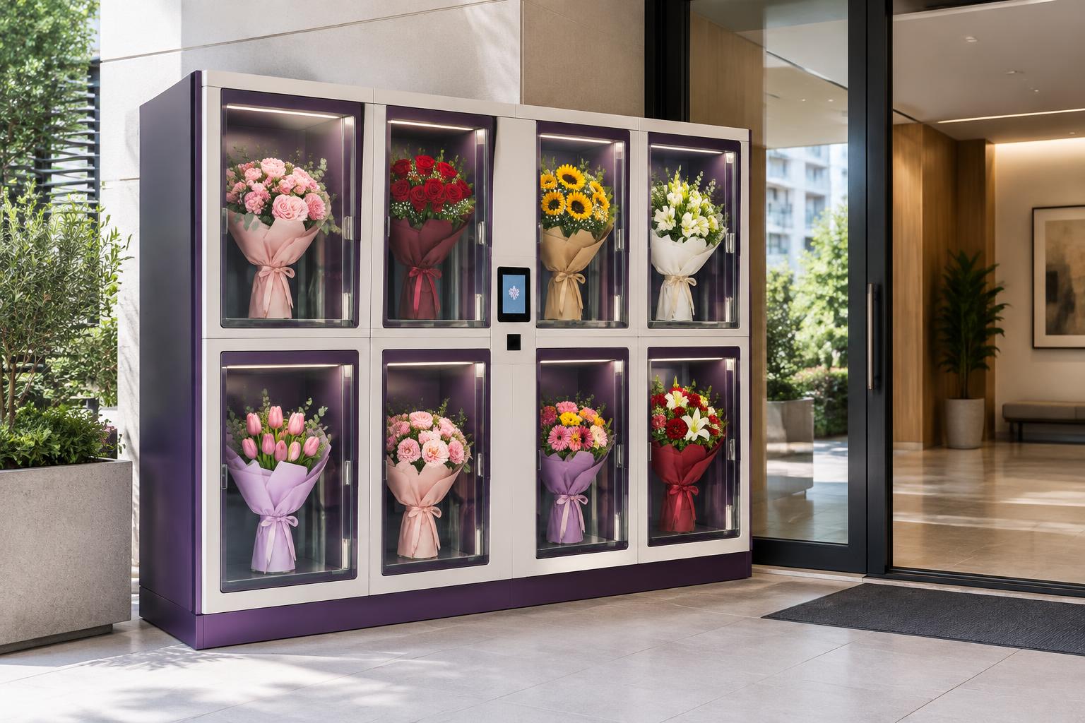 AI-generated concept of glass-fronted bouquet vending lockers at a residential entrance, not a completed installation