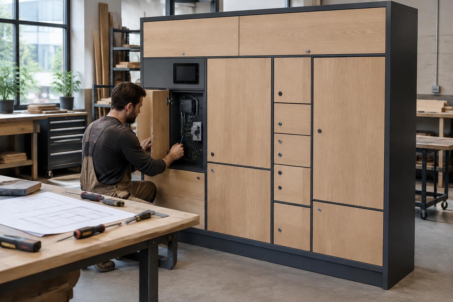 AI-generated workshop concept showing a cabinet maker assembling a potential oak and metal smart locker bank