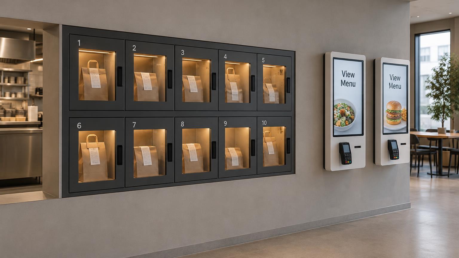 Potential charcoal food pickup lockers built into a restaurant wall as a pass-through from the kitchen, takeaway bags inside, beside two self-order kiosks showing View Menu
