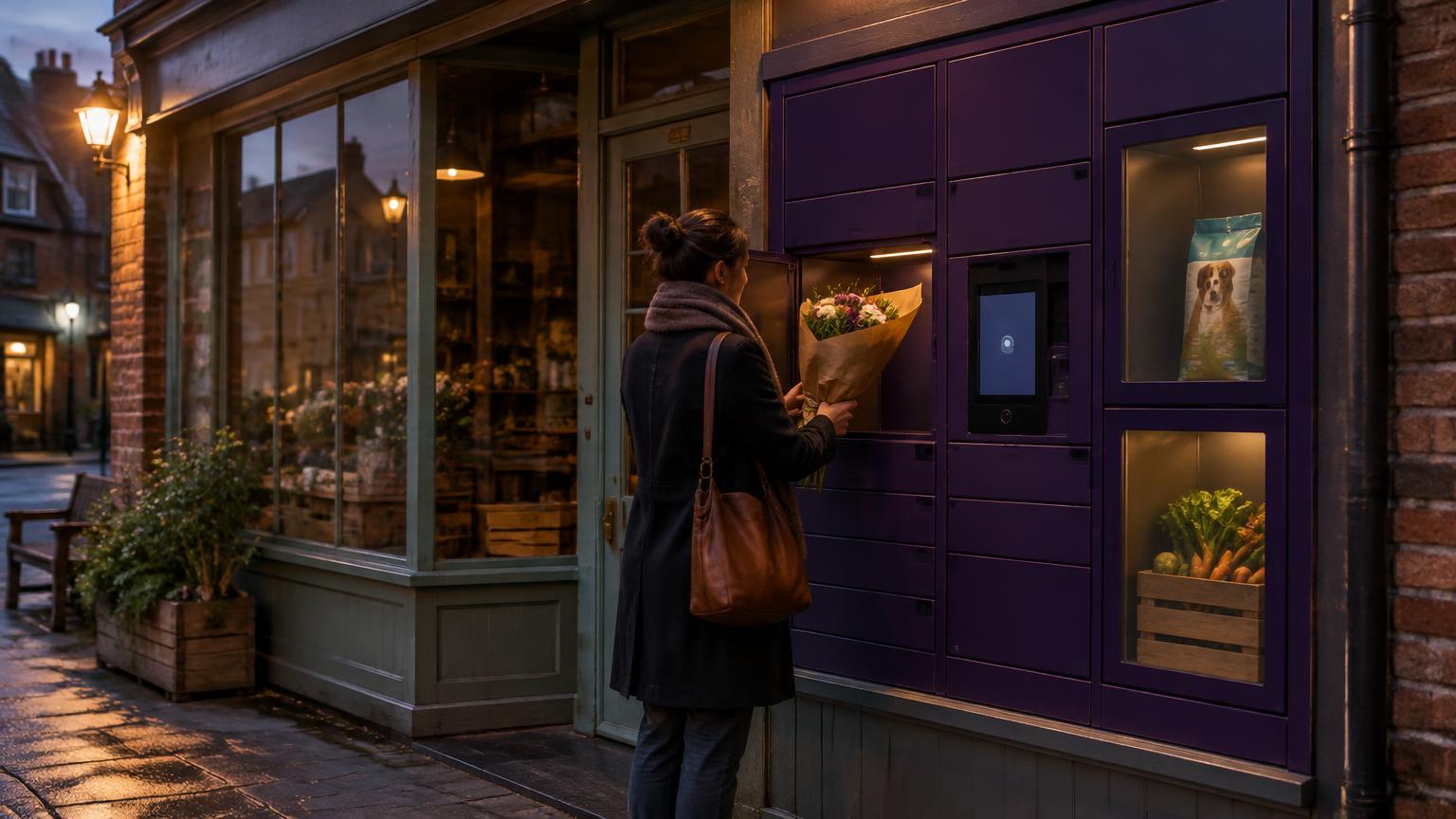 Potential customer collecting a bouquet of flowers from a violet pickup locker built into a closed high-street shopfront at dusk, with pet food and farm produce in other compartments