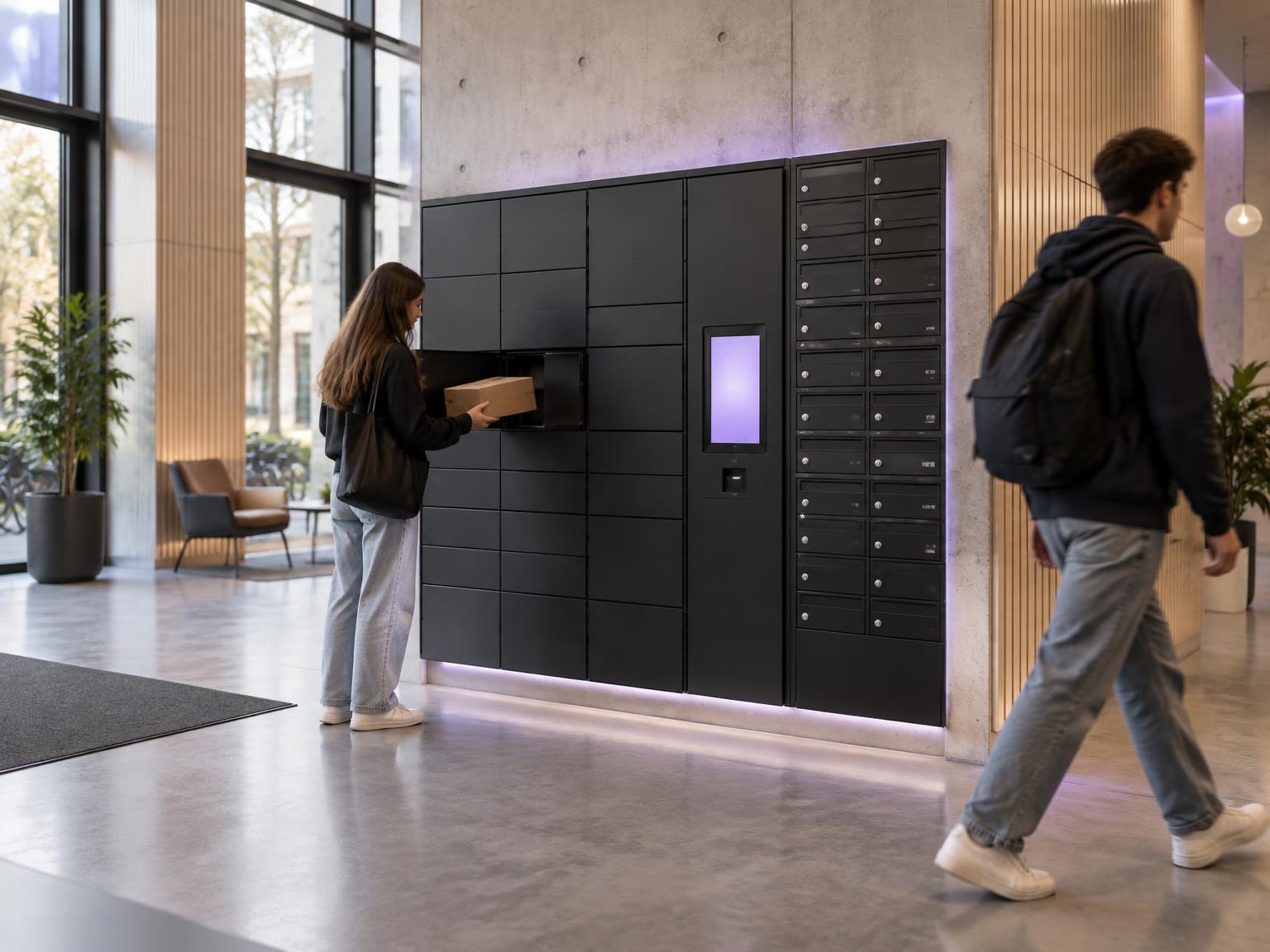 Potential student collecting a parcel from a matte black parcel locker bank with a touchscreen console in a university accommodation entrance hall