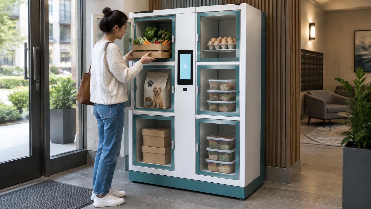 Potential subscription box locker in an apartment lobby holding a farm vegetable crate, eggs, dog food, meal kits and meal-prep boxes