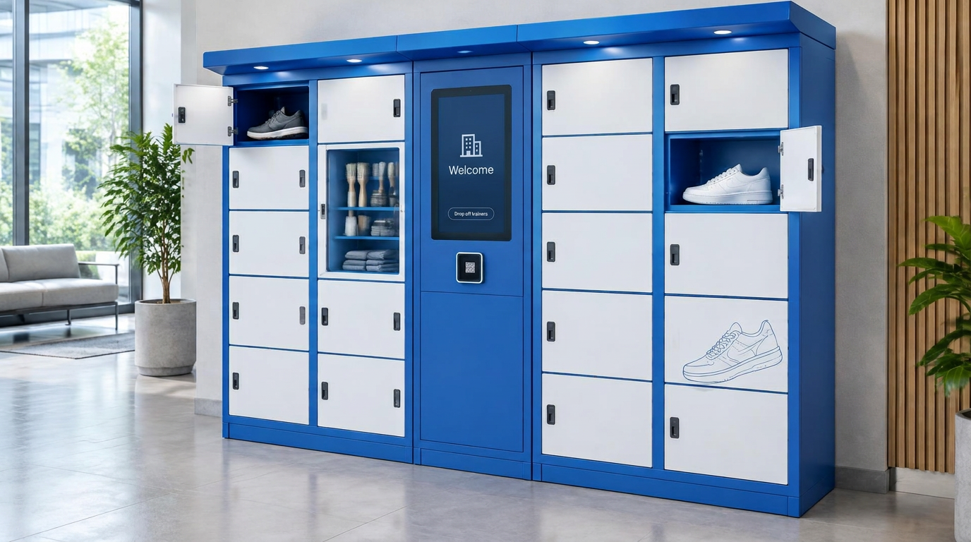 Illustrative shoe and trainer cleaning drop-off lockers as one potential service for an AI-assisted business website